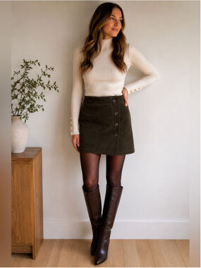 Contemporaine Olive Green Brown Button-Front Corduroy Mini Skirt Size 12